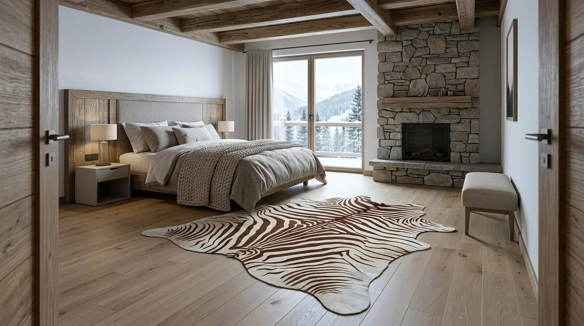 Brown and White cowhide rug beside bed in modern chalet bedroom