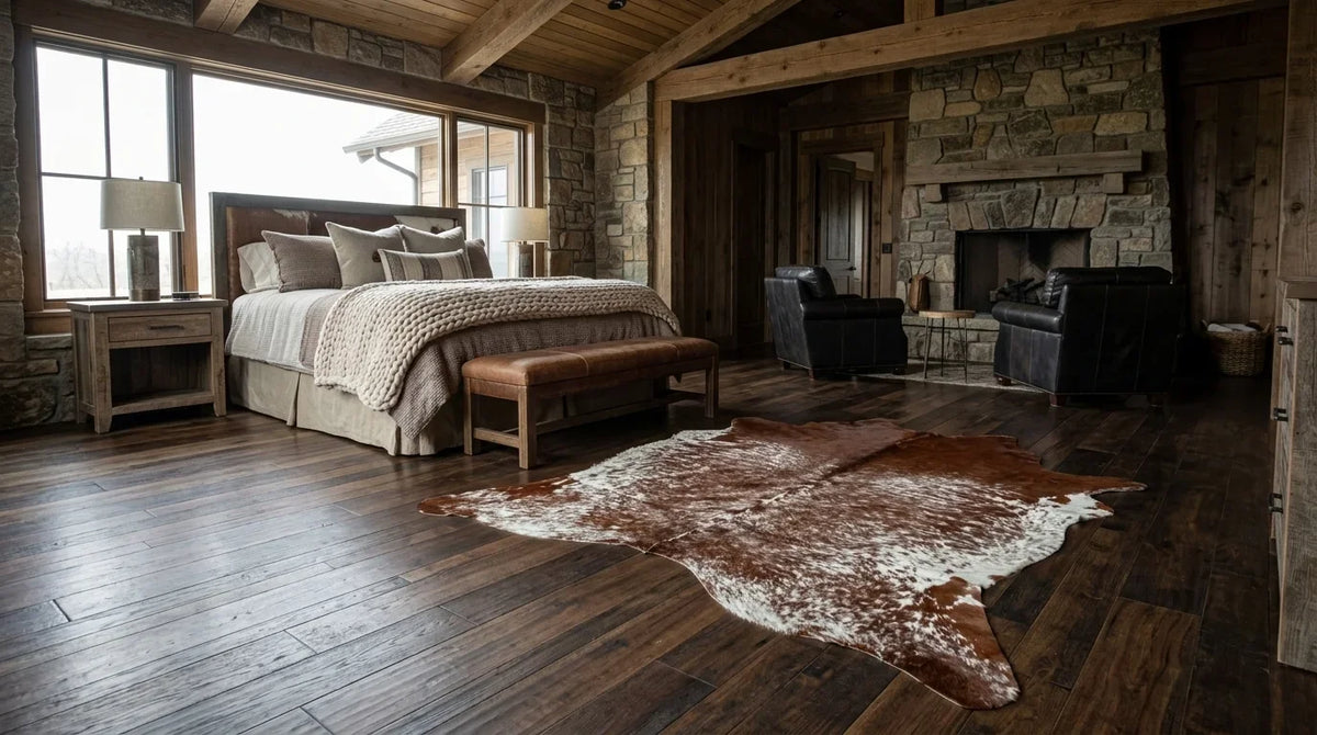 Kuhfell in Braun-Weiß im Schlafzimmer im texanischen Ranchstil
