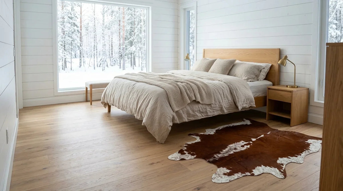 Brown and White cowhide rug beside bed in scandinavian cabin bedroom