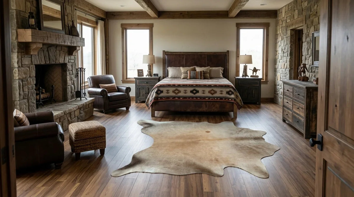 Brown and White cowhide rug beside bed in texas ranch bedroom
