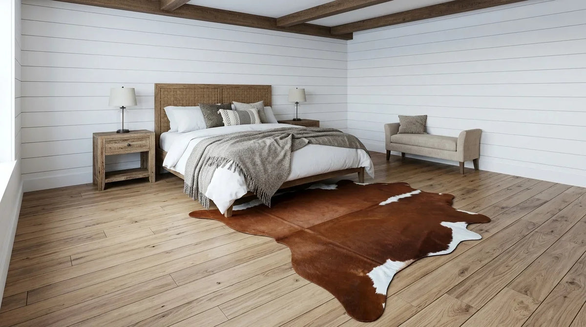 Brown and White cowhide rug beside bed in Modern Farmhouse bedroom