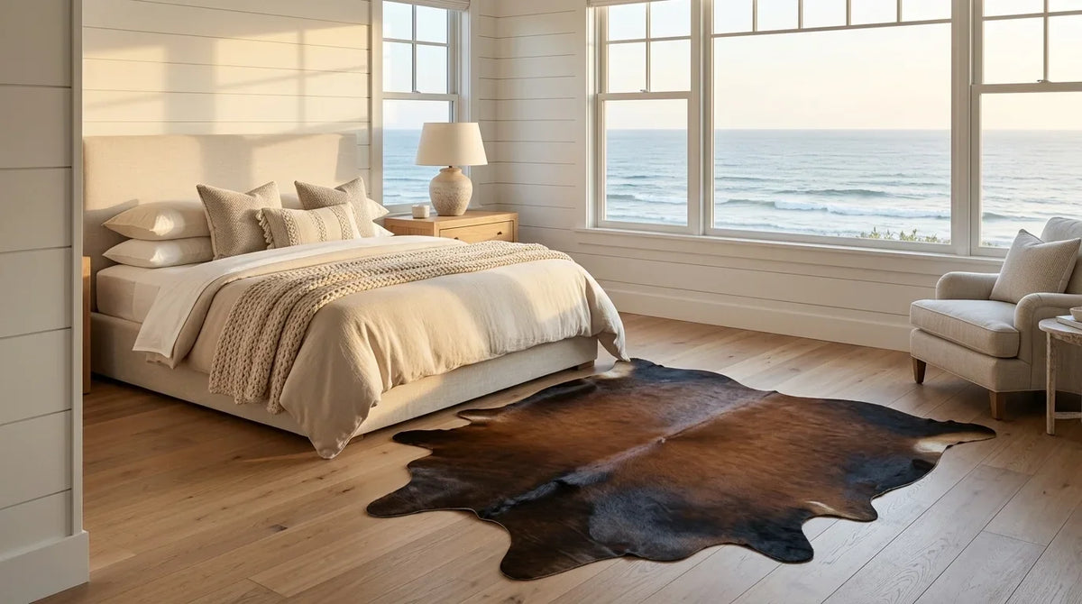Brown and White cowhide rug beside bed in hamptons coastal bedroom
