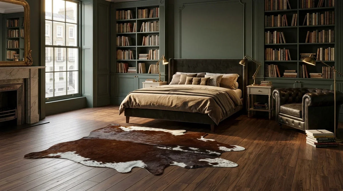 Brown and White cowhide rug beside bed in london townhouse bedroom