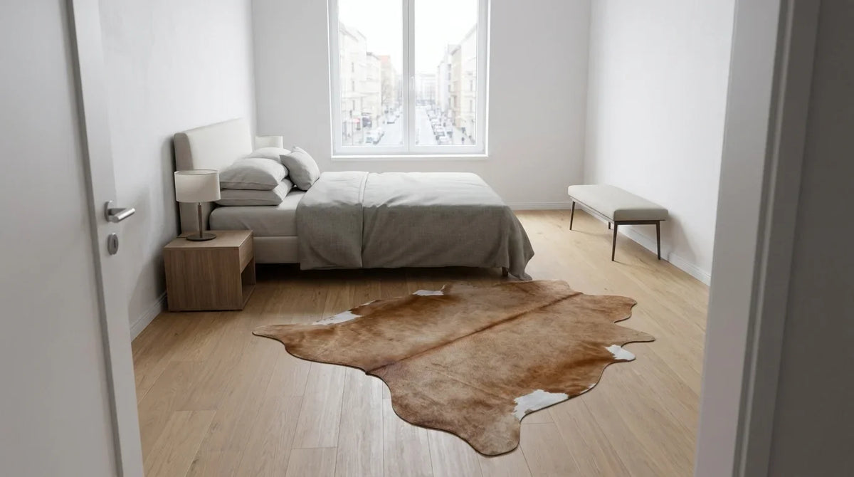 Brown and White cowhide rug beside bed in Contemporary European bedroom