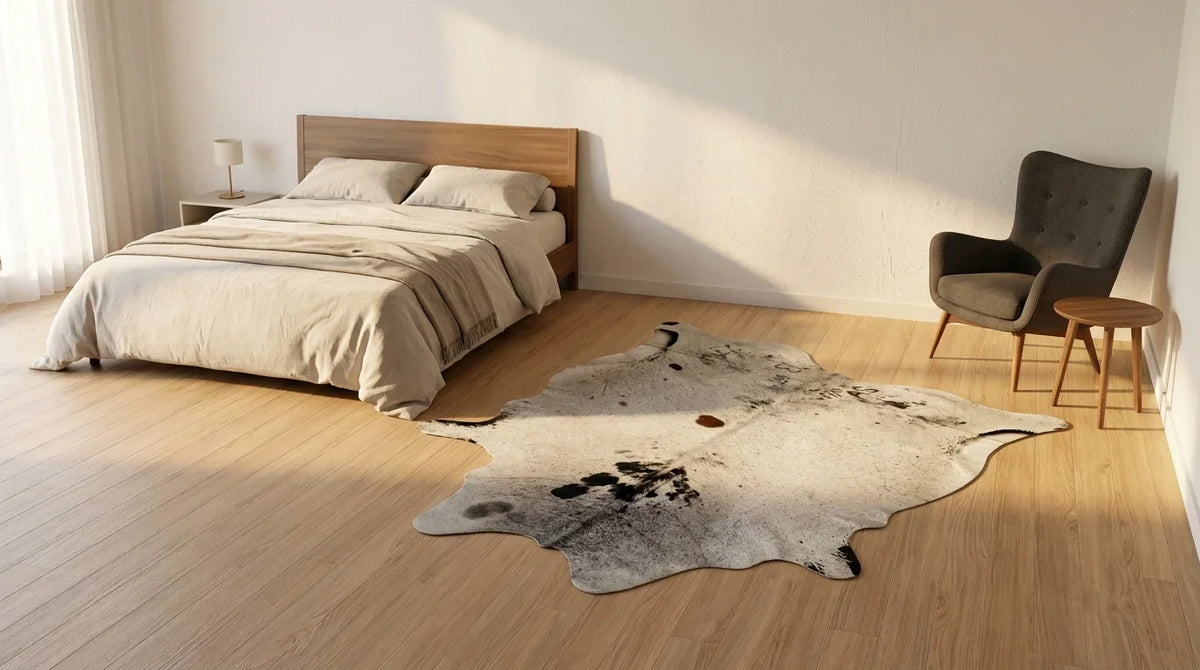 Brown and White cowhide rug beside bed in contemporary european bedroom