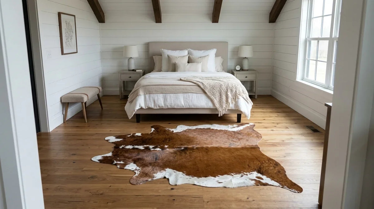 Brown and White cowhide rug beside bed in modern farmhouse bedroom