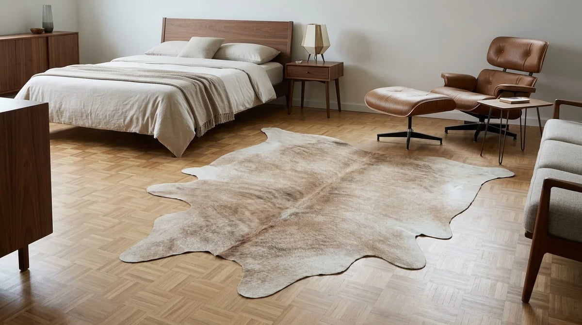 Brown and White cowhide rug beside bed in midcentury modern bedroom