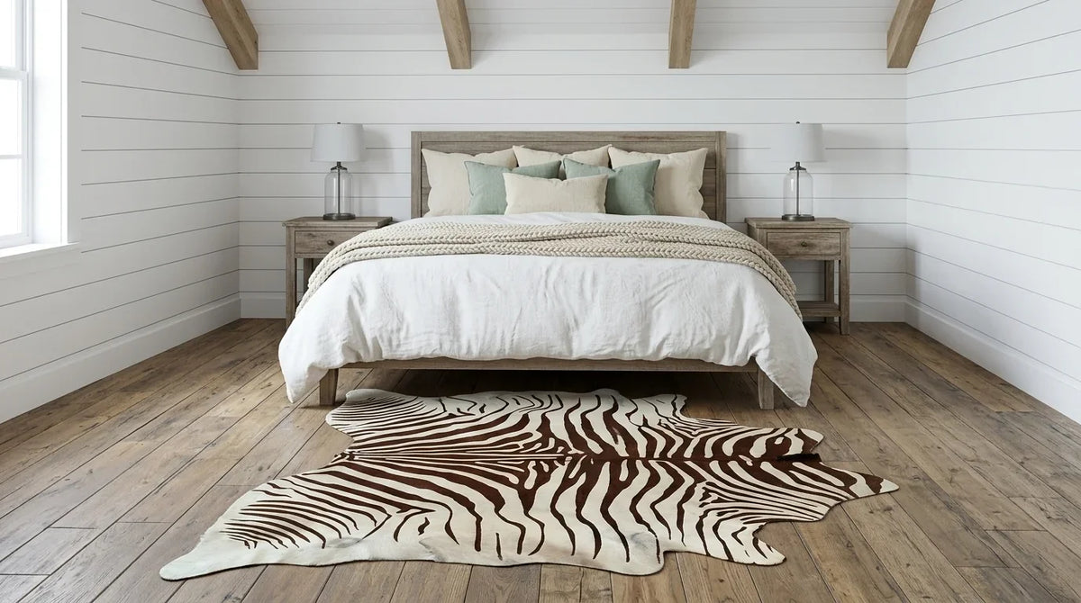 Brown and White cowhide rug beside bed in modern farmhouse bedroom