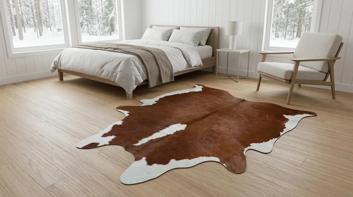 Kuhfell in Braun-Weiß im Schlafzimmer im skandinavischen Hüttenstil