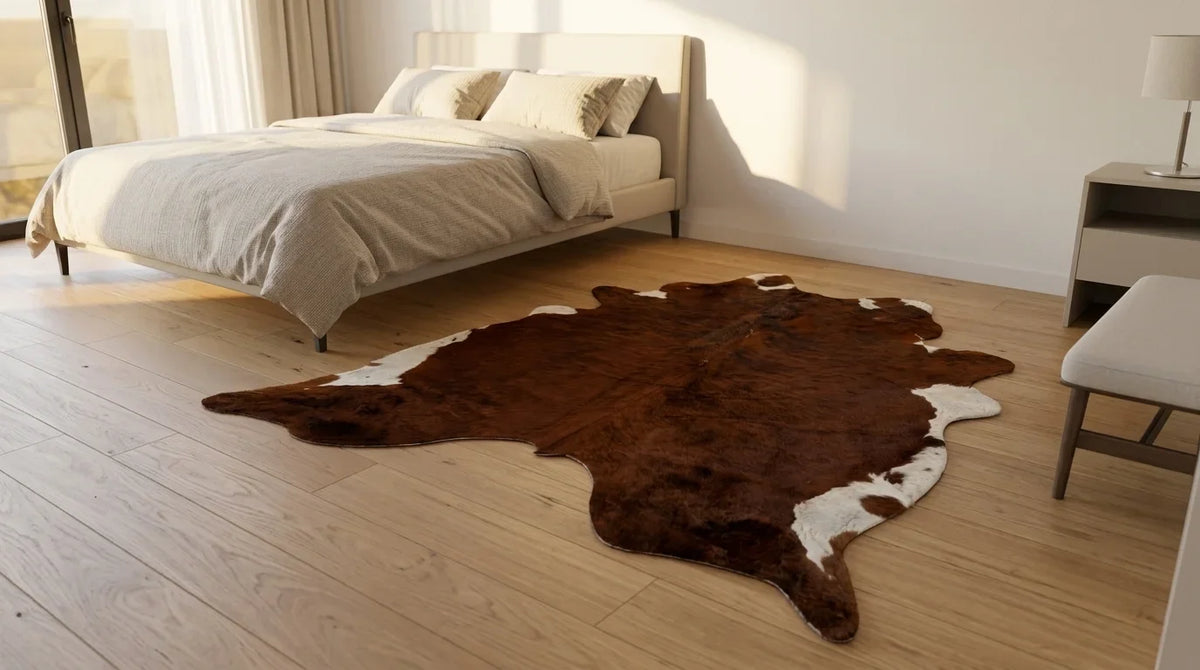 Brown and White cowhide rug beside bed in contemporary european bedroom