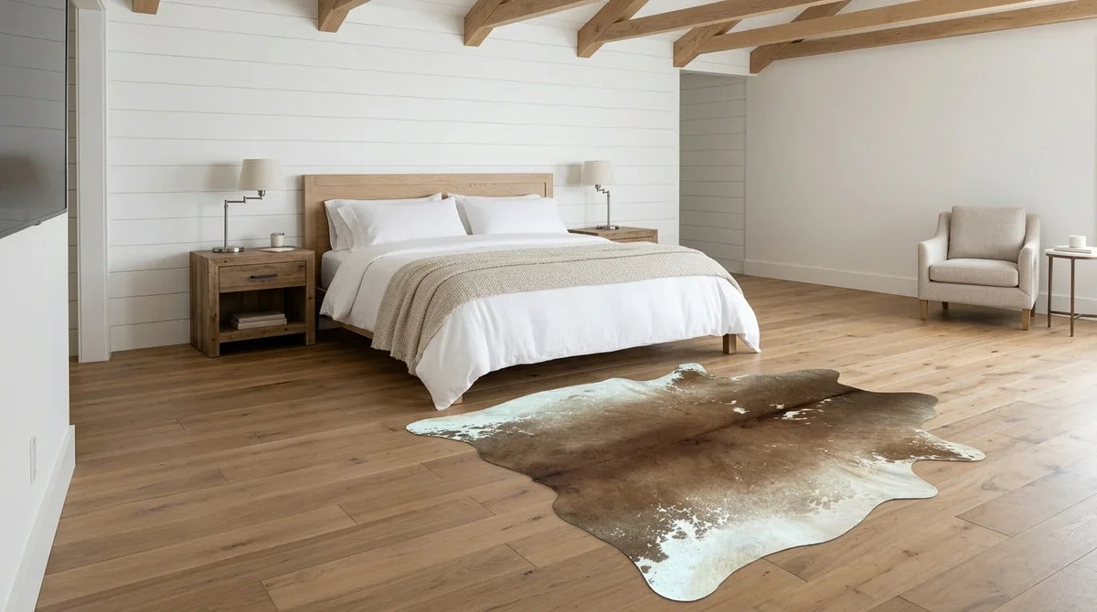 Brown and White cowhide rug beside bed in modern farmhouse bedroom