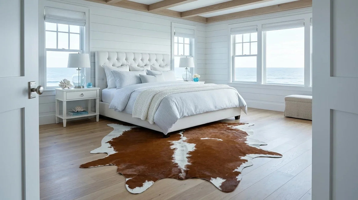 Brown and White cowhide rug beside bed in hamptons coastal bedroom