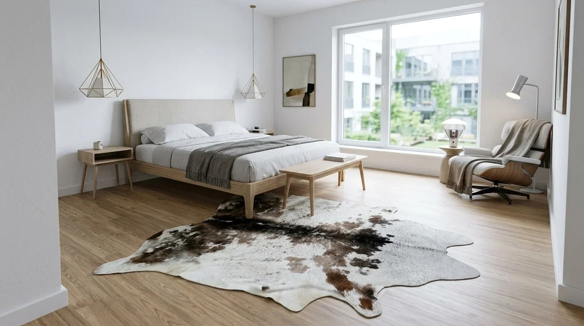 Brown and White cowhide rug beside bed in contemporary european bedroom
