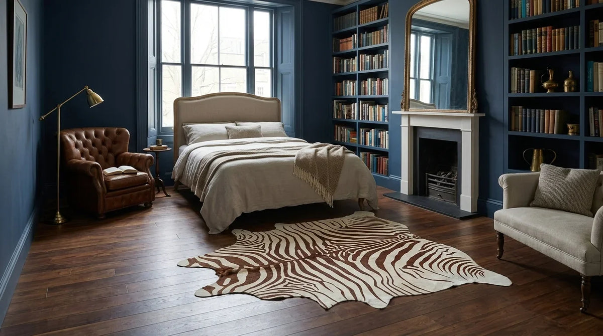 Brown and White cowhide rug beside bed in london townhouse bedroom