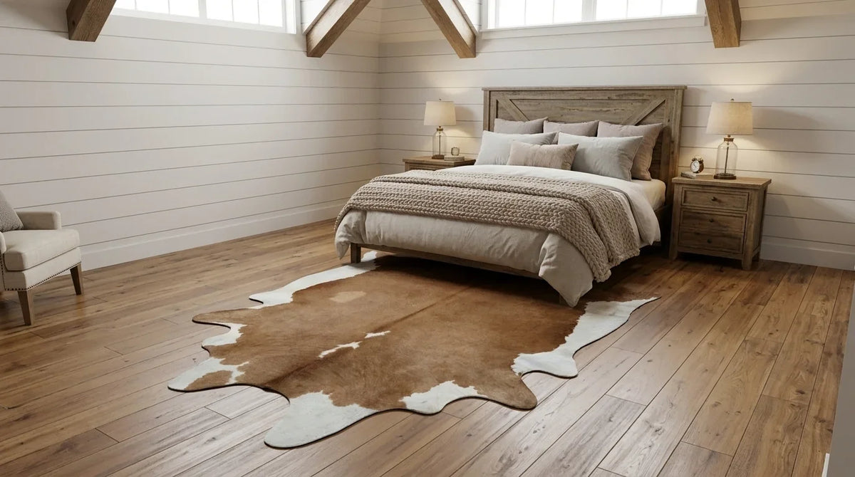Brown and White cowhide rug beside bed in modern farmhouse bedroom