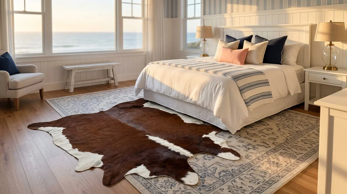 Brown and White cowhide rug beside bed in hamptons coastal bedroom