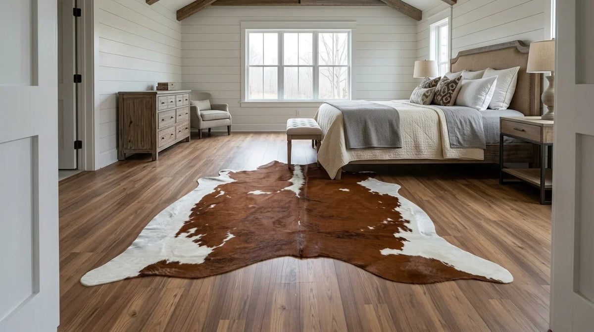 Brown and White cowhide rug beside bed in modern farmhouse bedroom