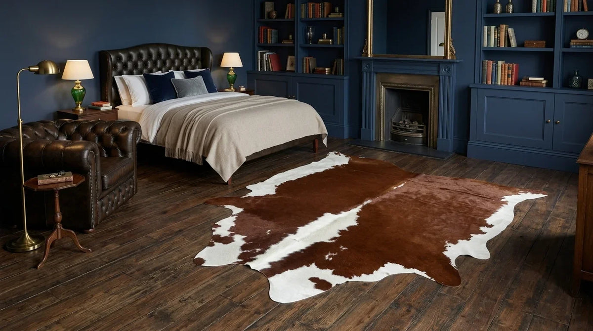 Kuhfell in Braun-Weiß im Schlafzimmer im Londoner Stadthaus-Stil