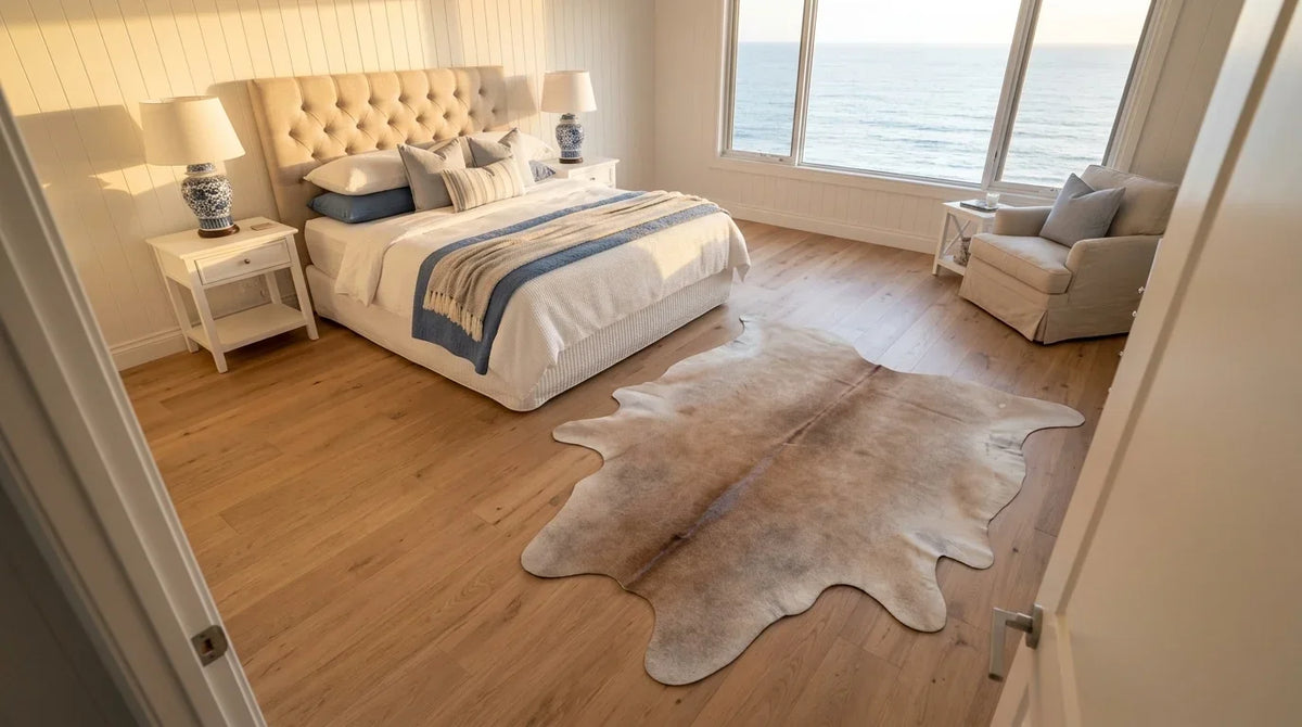 Brown and White cowhide rug beside bed in hamptons coastal bedroom