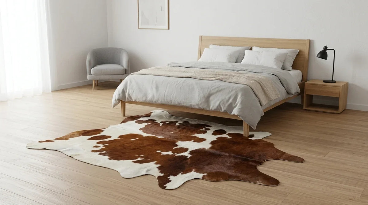 Brown and White cowhide rug beside bed in contemporary european bedroom