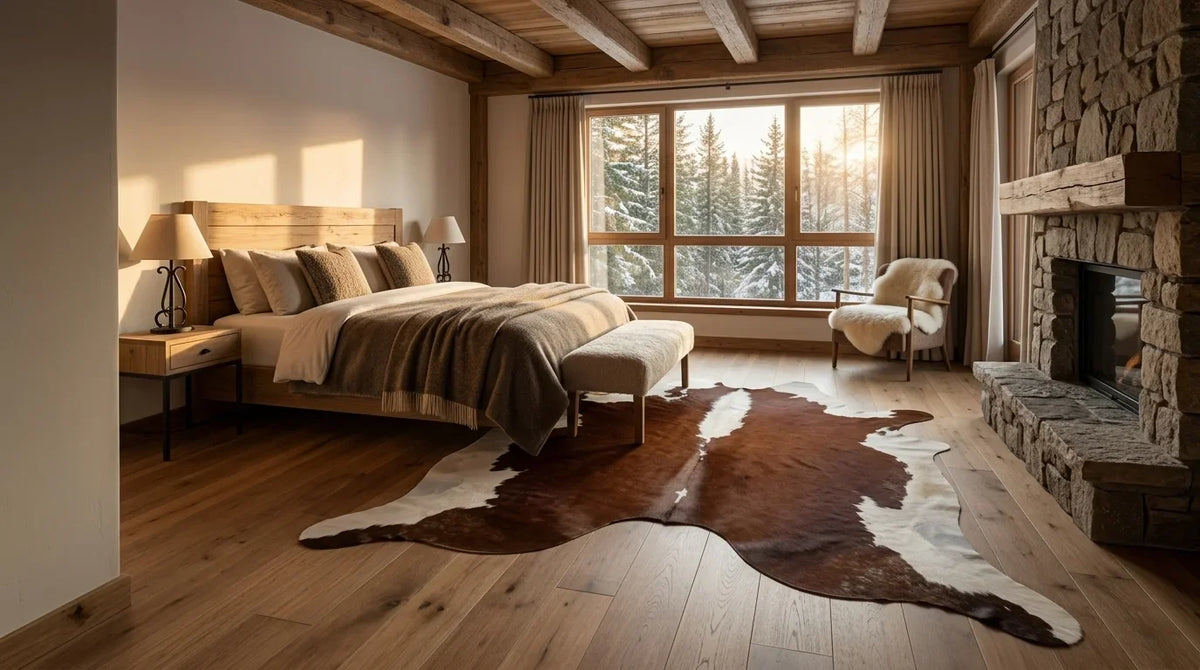 Brown and White cowhide rug beside bed in modern chalet bedroom