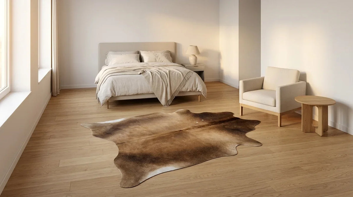 Brown and White cowhide rug beside bed in contemporary european bedroom
