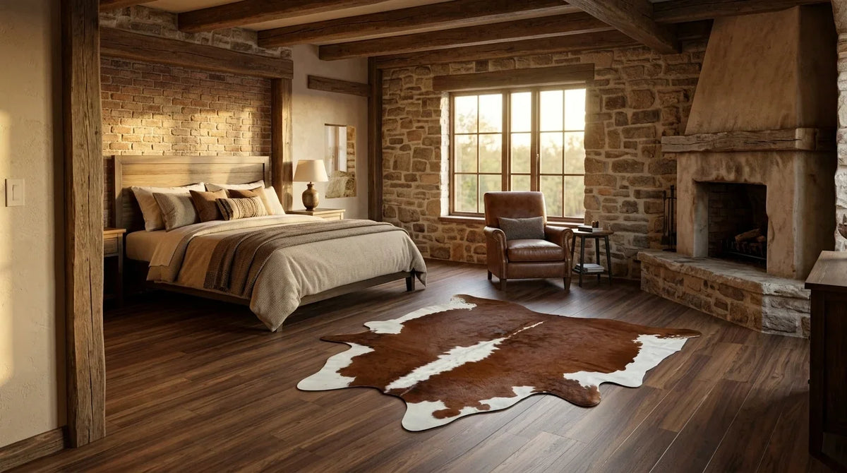 Kuhfell in Braun-Weiß im Schlafzimmer im texanischen Ranchstil