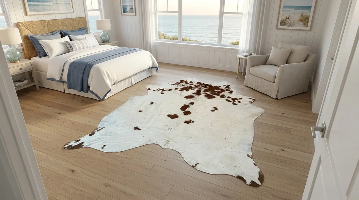 Brown and White cowhide rug beside bed in hamptons coastal bedroom