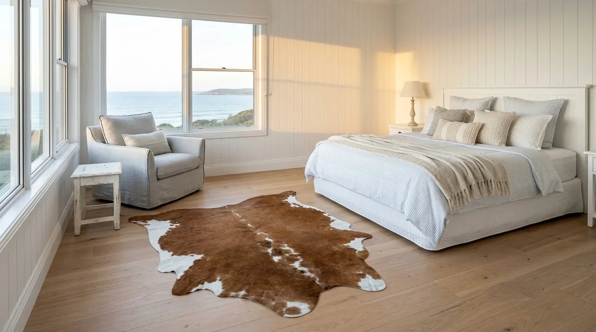 Brown and White cowhide rug beside bed in hamptons coastal bedroom