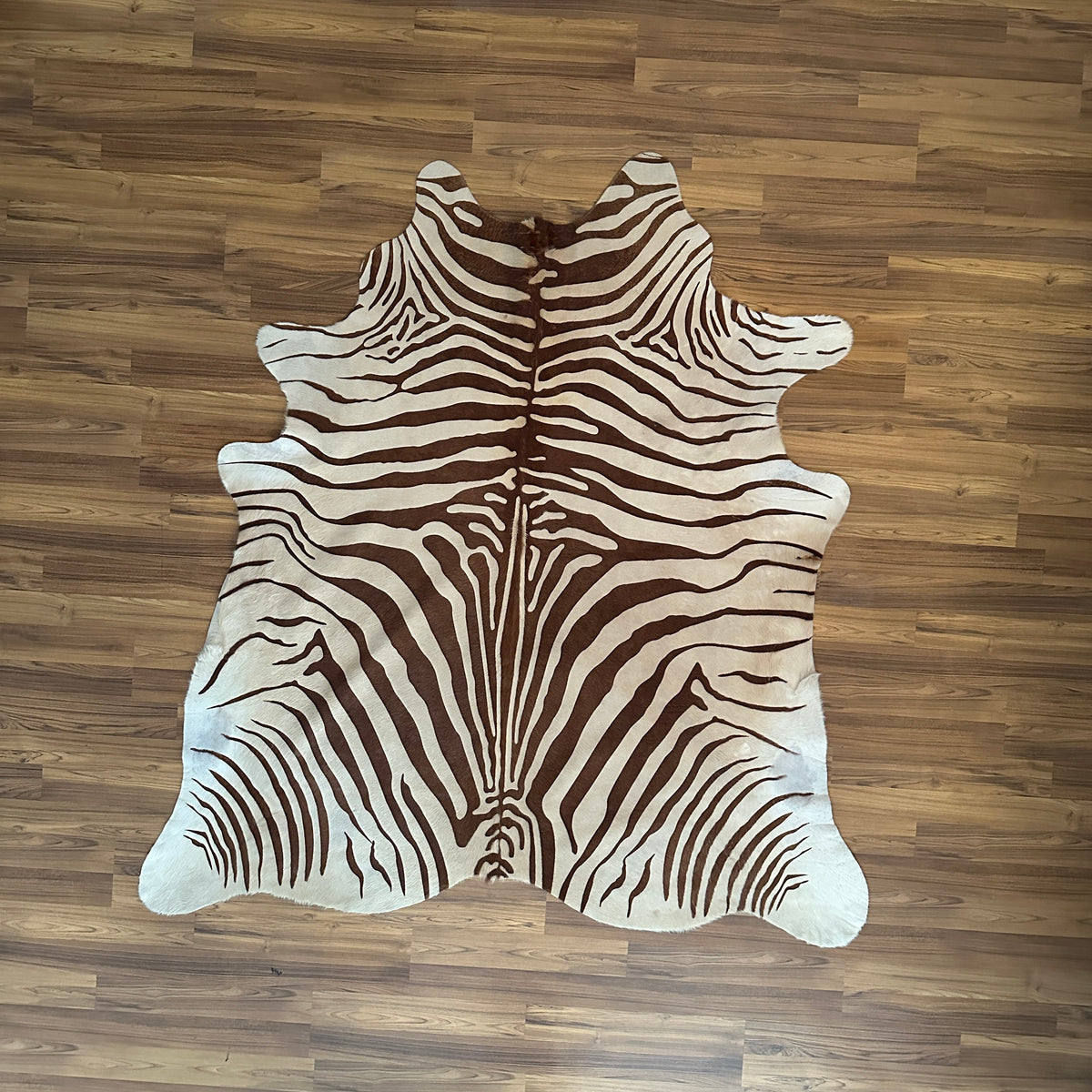 Brown and White zebra print cowhide rug, full overhead view — Bold zebra stripes radiating from center, dark brown on cream b