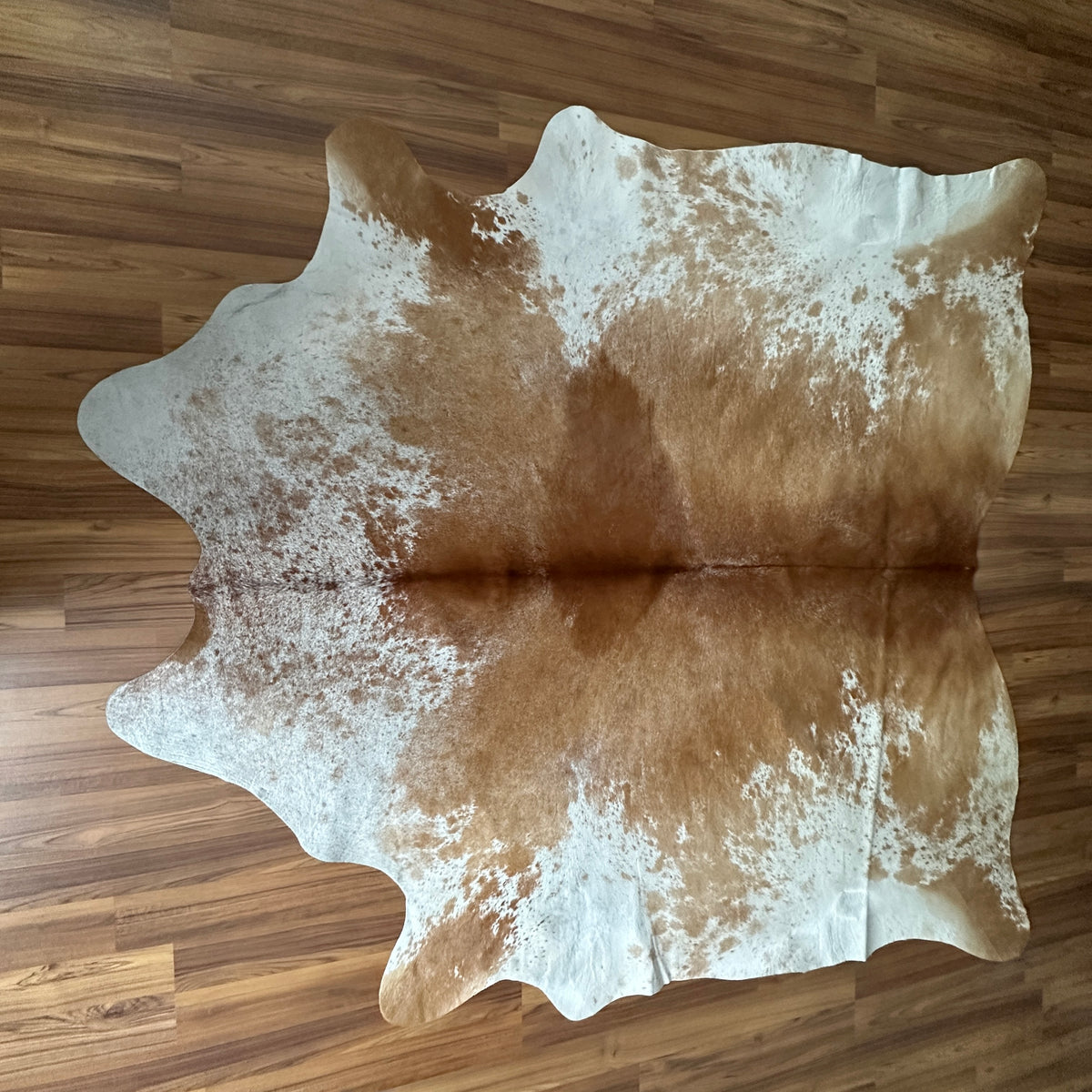 Brown and White cowhide rug, full overhead view — Large irregular tan and cream patches with white speckled areas over warm b