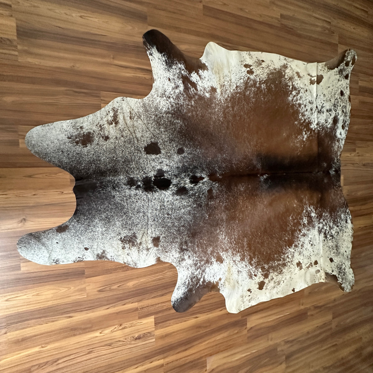 Brown and White cowhide rug, full overhead view — Large irregular dark brown patches over creamy white base with scattered sp