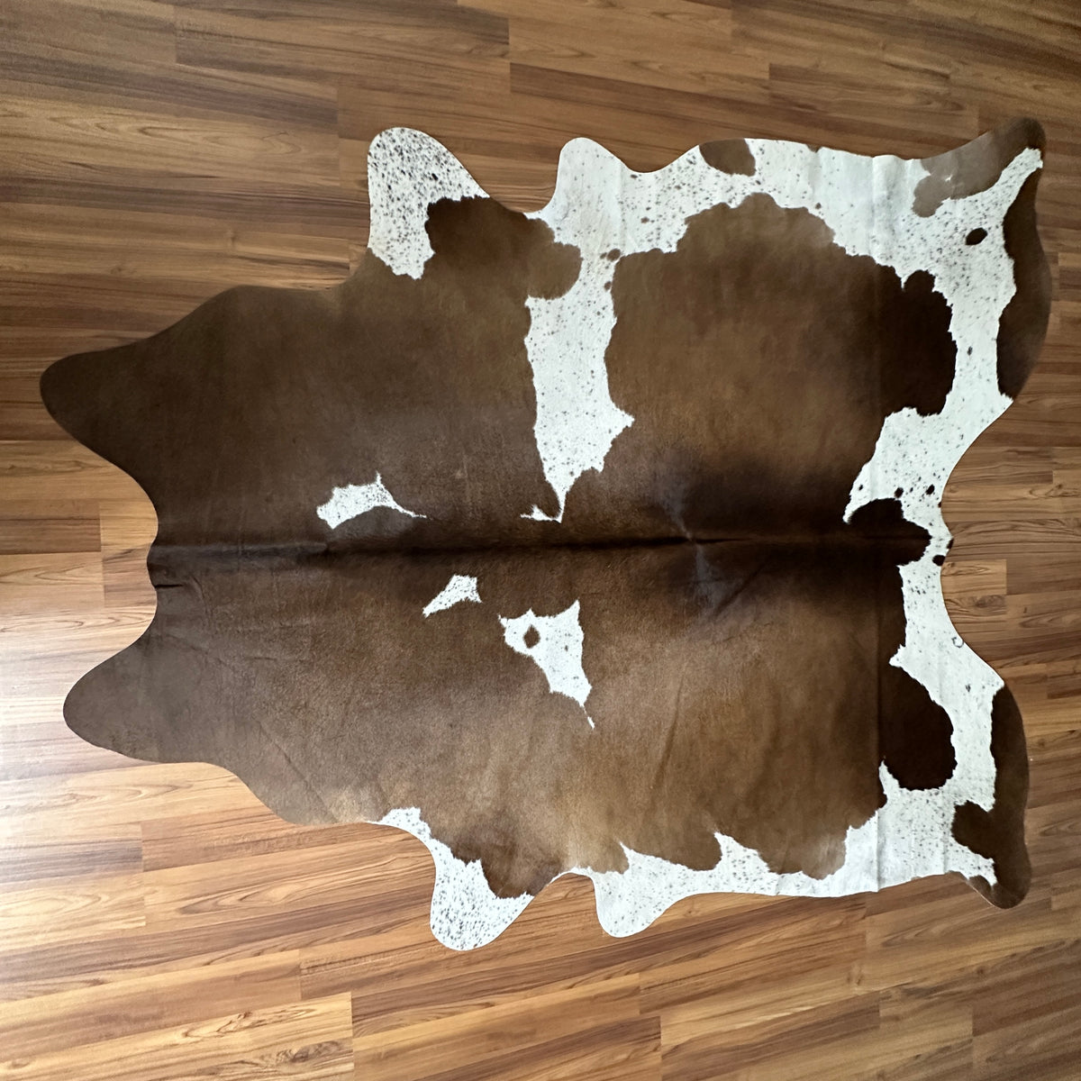 Brown and White cowhide rug, full overhead view — Large irregular dark brown patches over white cream base with natural hide 