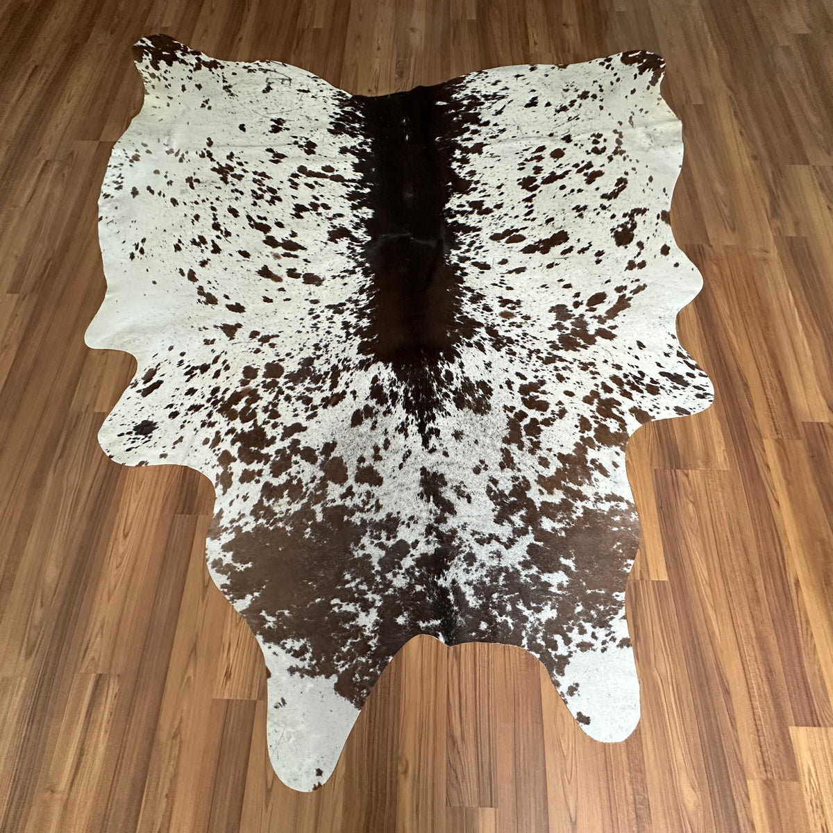 Brown and White cowhide rug, full overhead view — Large irregular dark brown patches over cream and white base