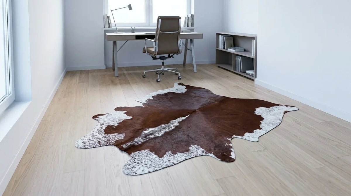 Brown and White cowhide rug under desk in contemporary european home office