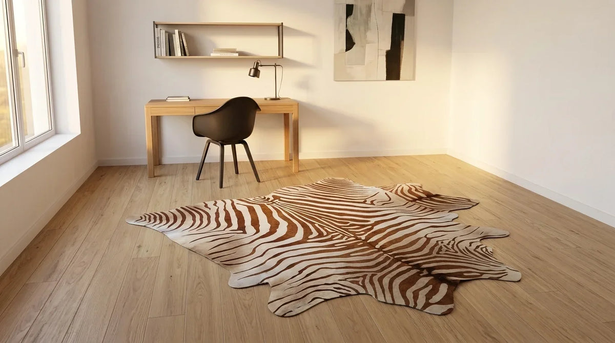 Brown and White cowhide rug under desk in contemporary european home office