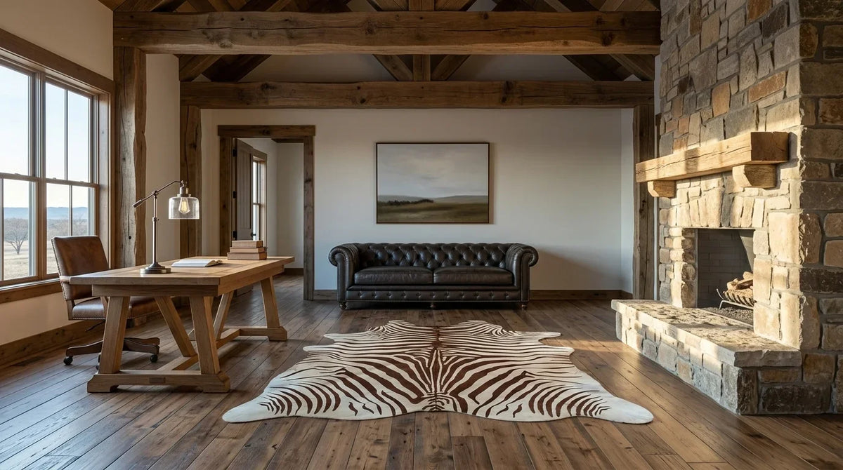 Brown and White cowhide rug under desk in texas ranch home office