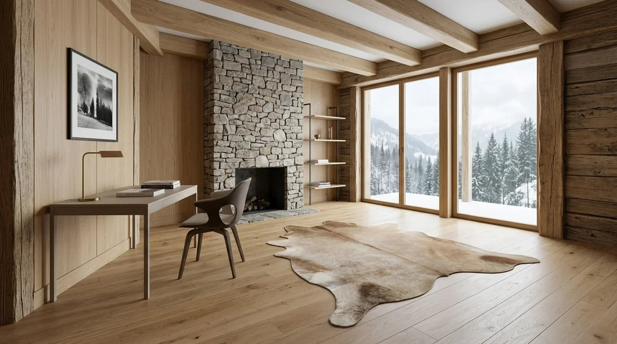 Brown and White cowhide rug under desk in modern chalet home office
