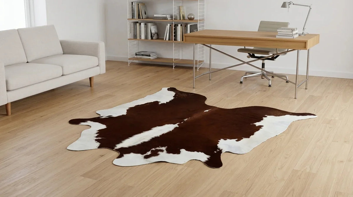 Brown and White cowhide rug under desk in contemporary european home office