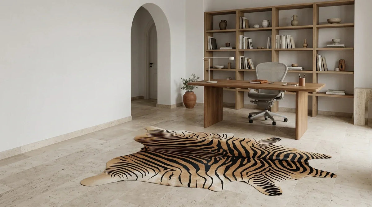 Brown and White cowhide rug under desk in organic mediterranean home office