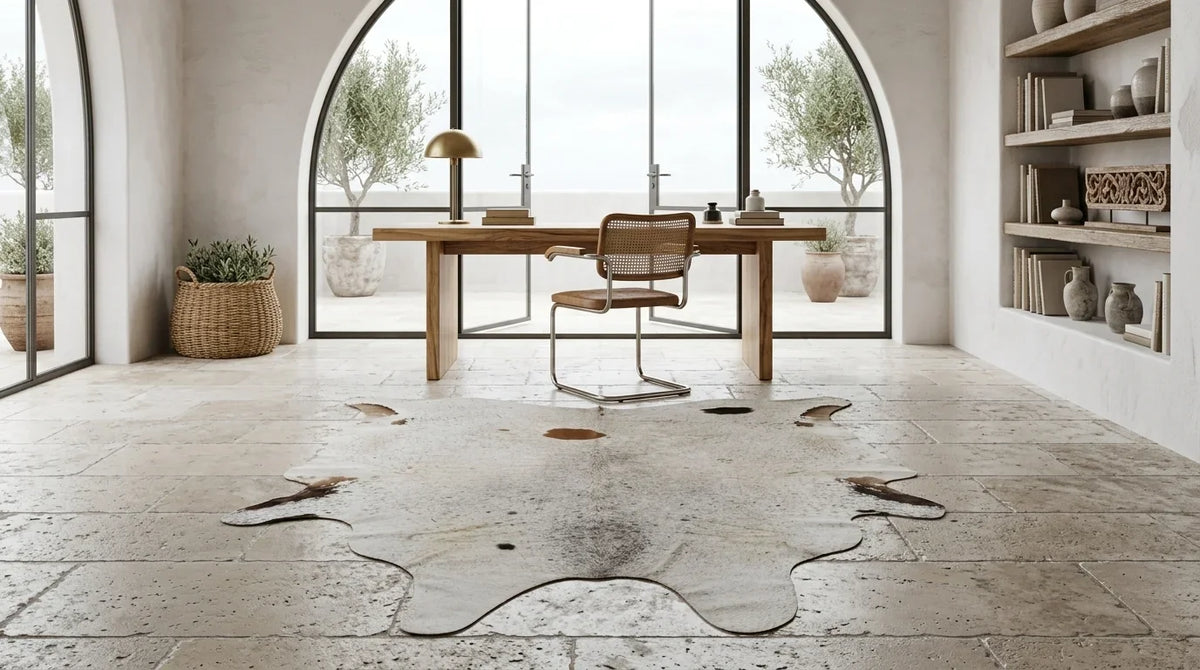Brown and White cowhide rug under desk in organic mediterranean home office
