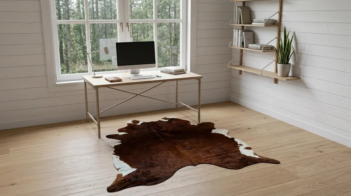 Brown and White cowhide rug under desk in scandinavian cabin home office