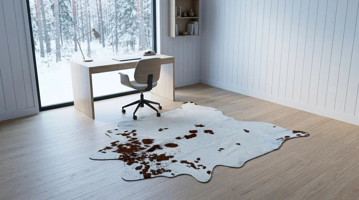 Brown and White cowhide rug under desk in scandinavian cabin home office