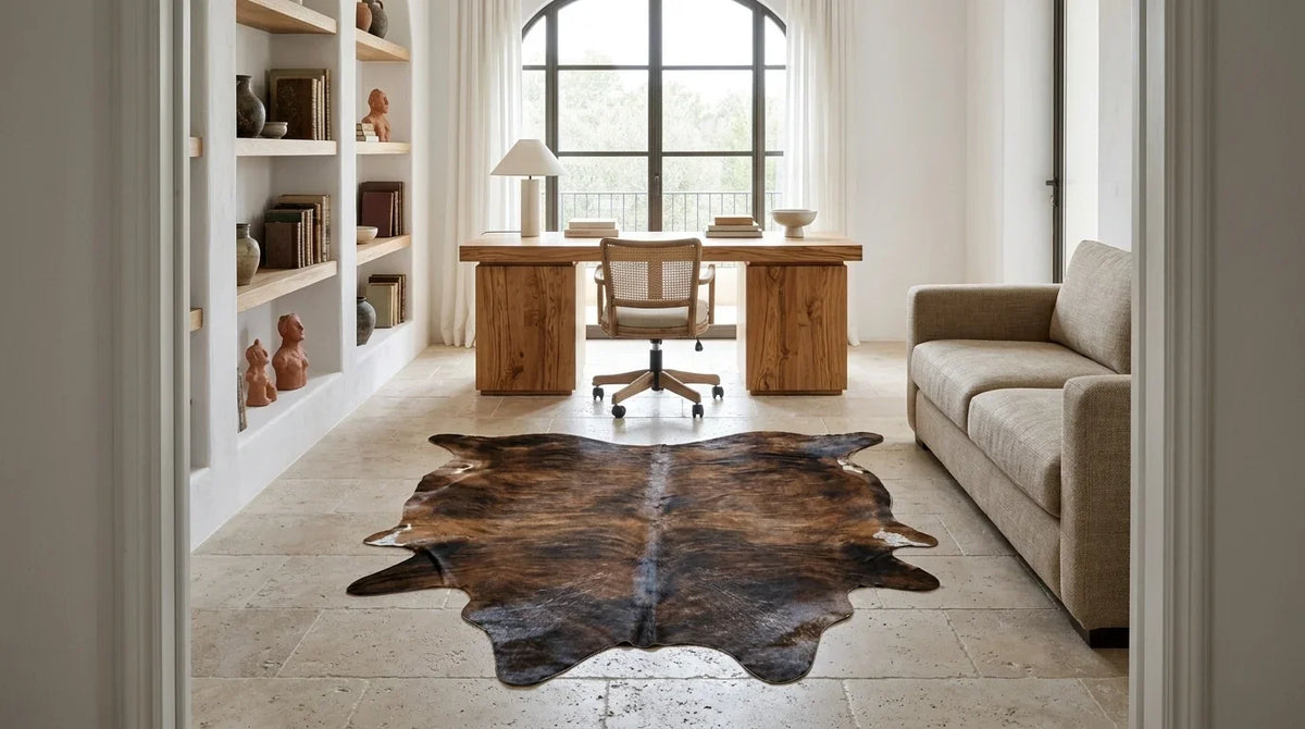 Brown and White cowhide rug under desk in Organic Mediterranean home office