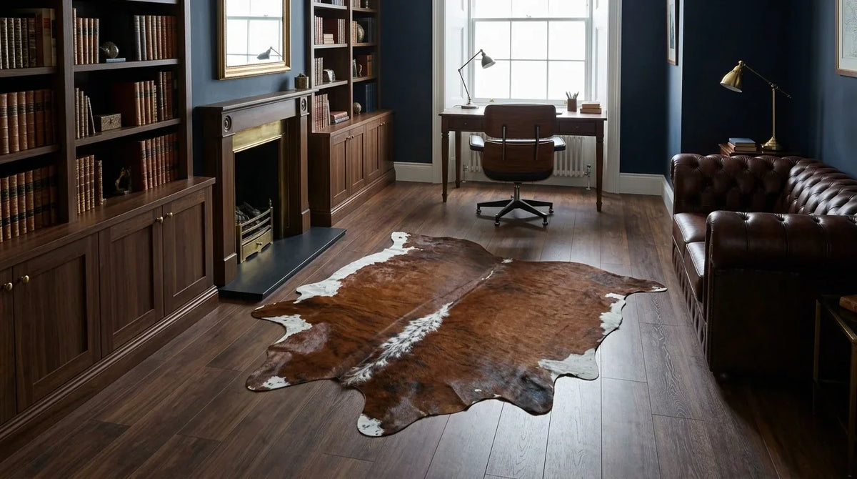 Brown and White cowhide rug under desk in London Townhouse home office
