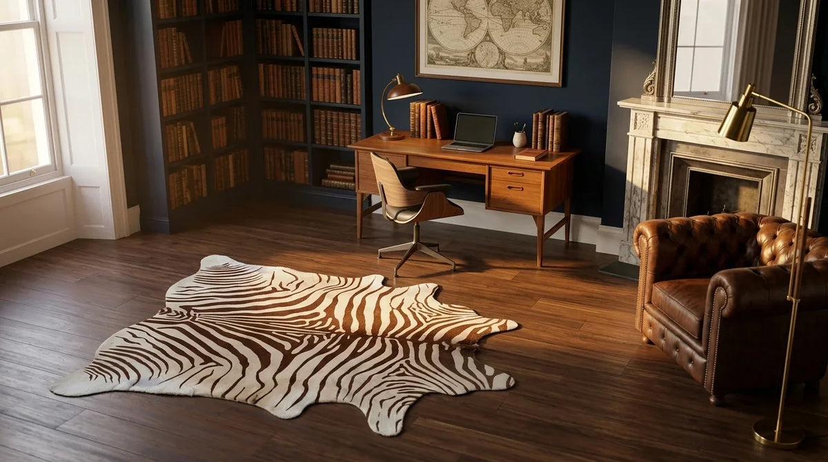 Brown and White cowhide rug under desk in london townhouse home office