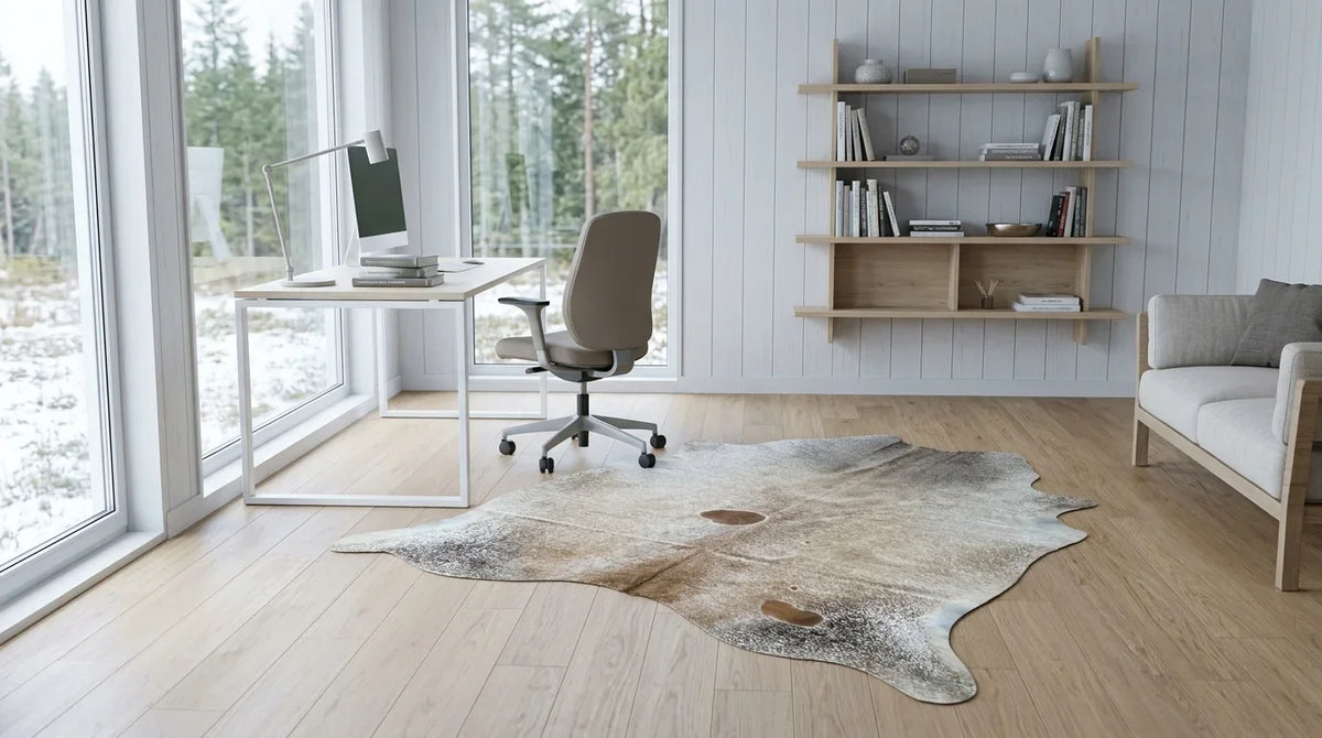 Brown and White cowhide rug under desk in scandinavian cabin home office