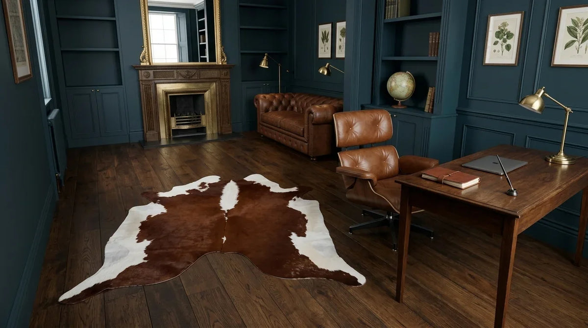 Brown and White cowhide rug under desk in london townhouse home office