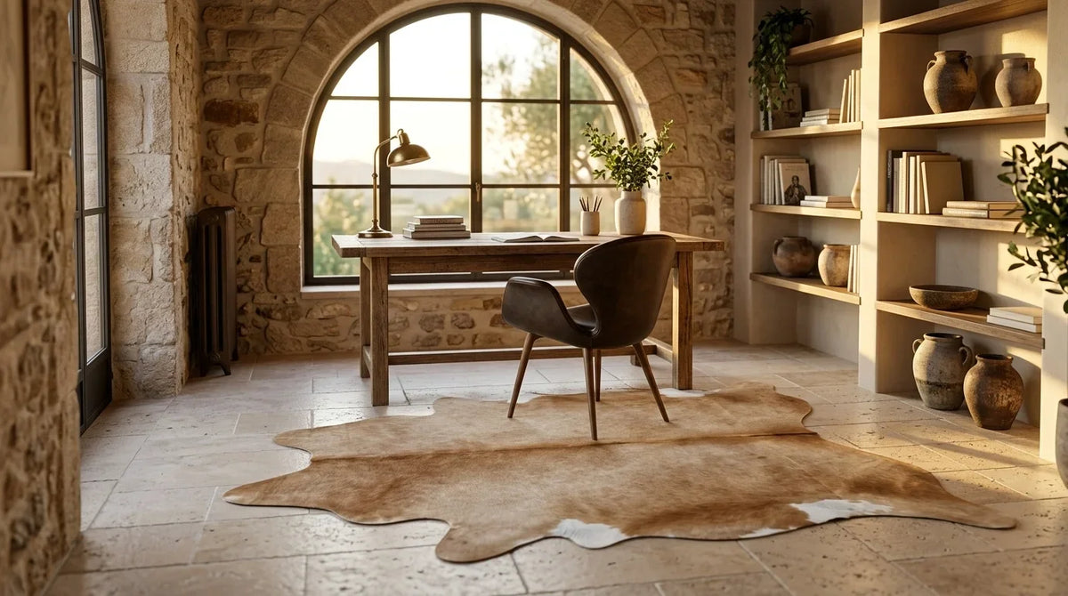 Brown and White cowhide rug under desk in Organic Mediterranean home office