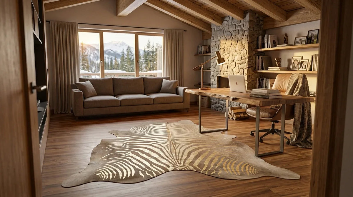 Brown and White cowhide rug under desk in modern chalet home office